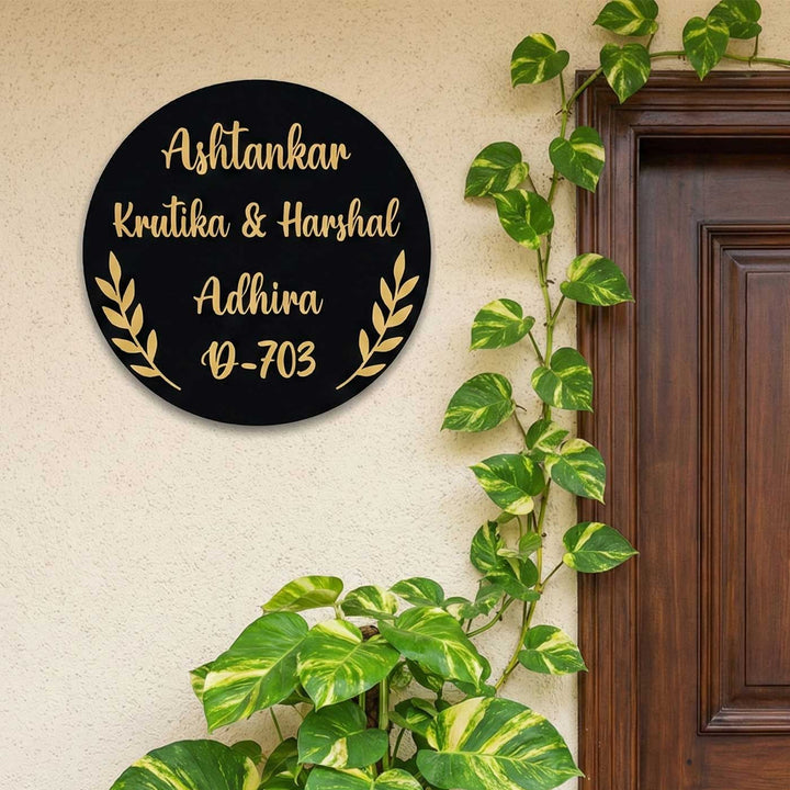 Black Minimal Acrylic Circular Leaf Personalized Name Plate