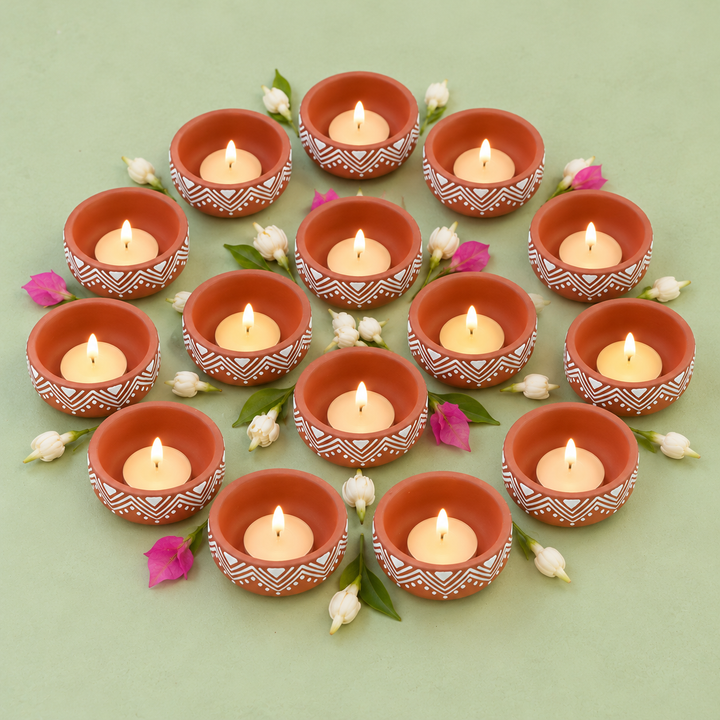 16 Pc | Hand-Painted Warli-Inspired Terracotta Diya & Tealight Holders For Festive Decor