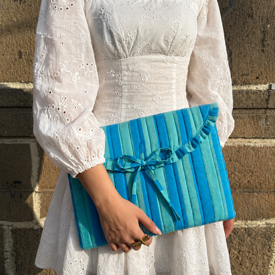"Blaire" Laptop Sleeve With Ruffled Flap & Tie-up Closure For Women | Broad Stripes