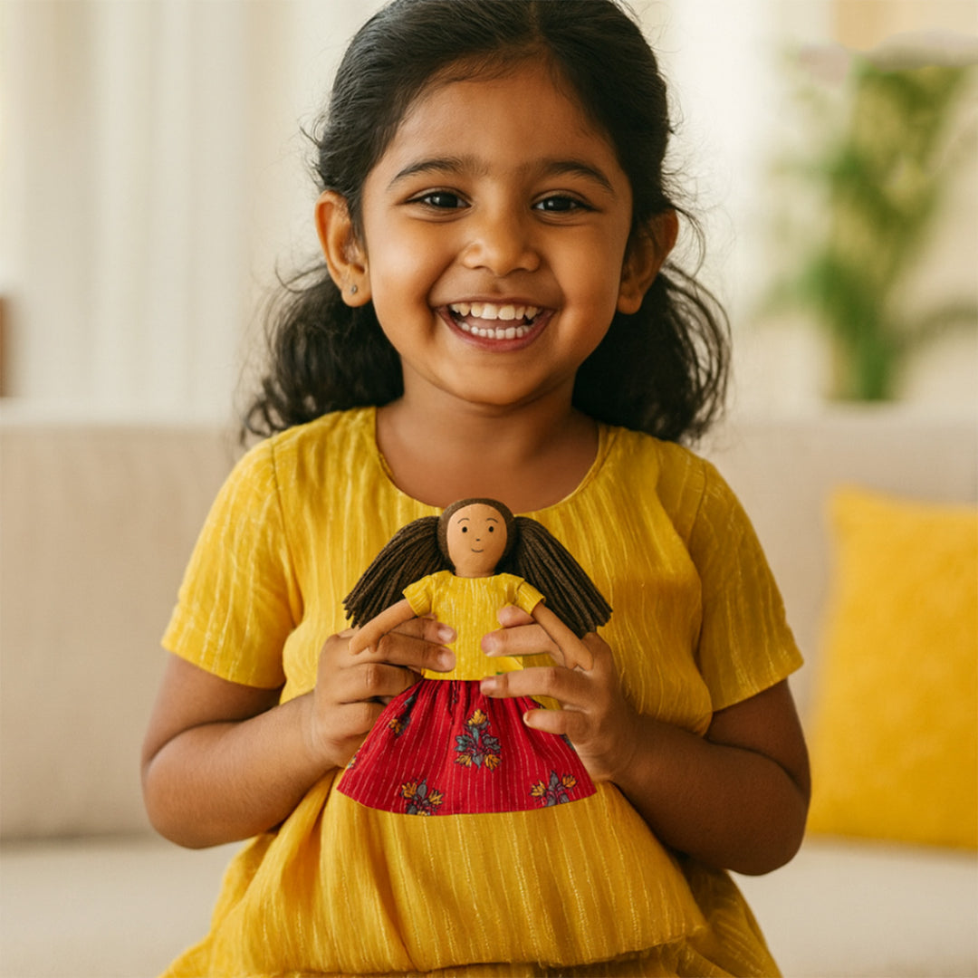 Nilah's (Younger Sister) Mira In Yellow & Red Dress | Soft Hand-Stitched Sustainable Indian Play Doll