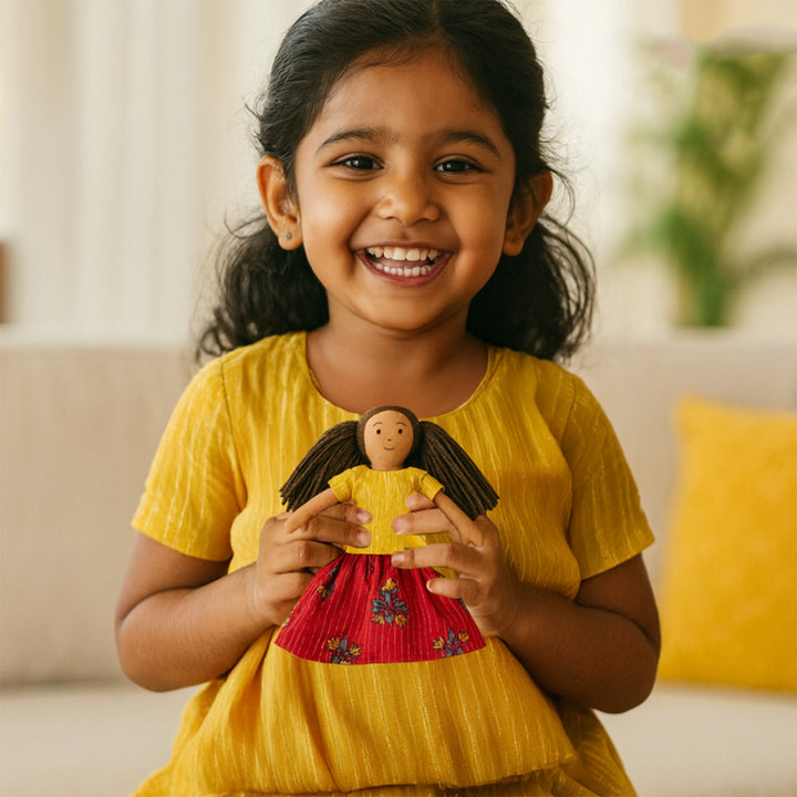 Nilah's (Younger Sister) Mira In Yellow & Red Dress | Soft Hand-Stitched Sustainable Indian Play Doll