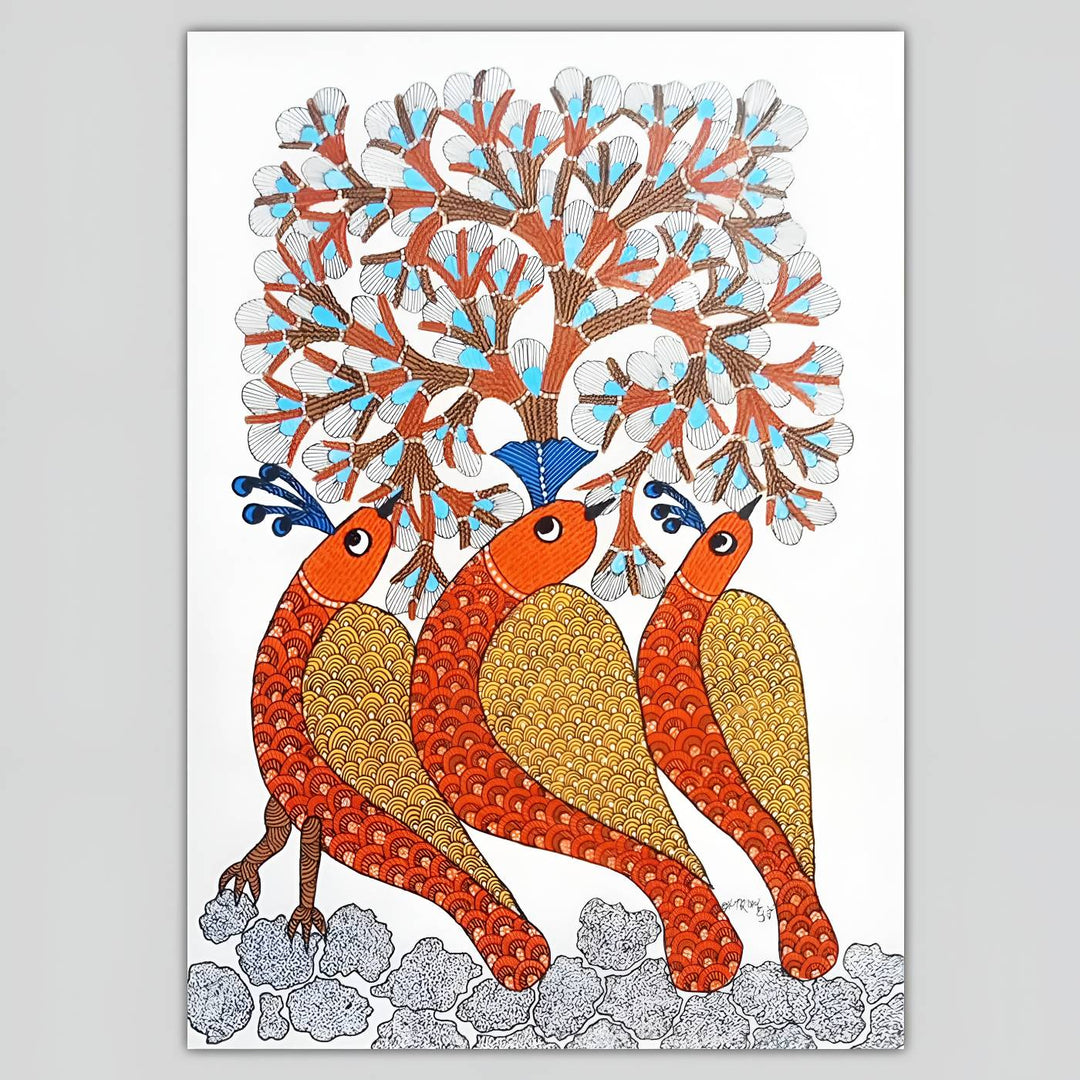 11 x 16 Inch | Birds Trio | Original Hand Painted Tribal Gond Art Painting | Acrylic Paint On Paper
