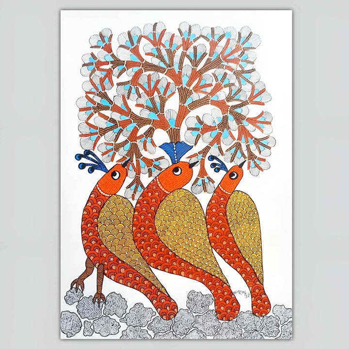 11 x 16 Inch | Birds Trio | Original Hand Painted Tribal Gond Art Painting | Acrylic Paint On Paper