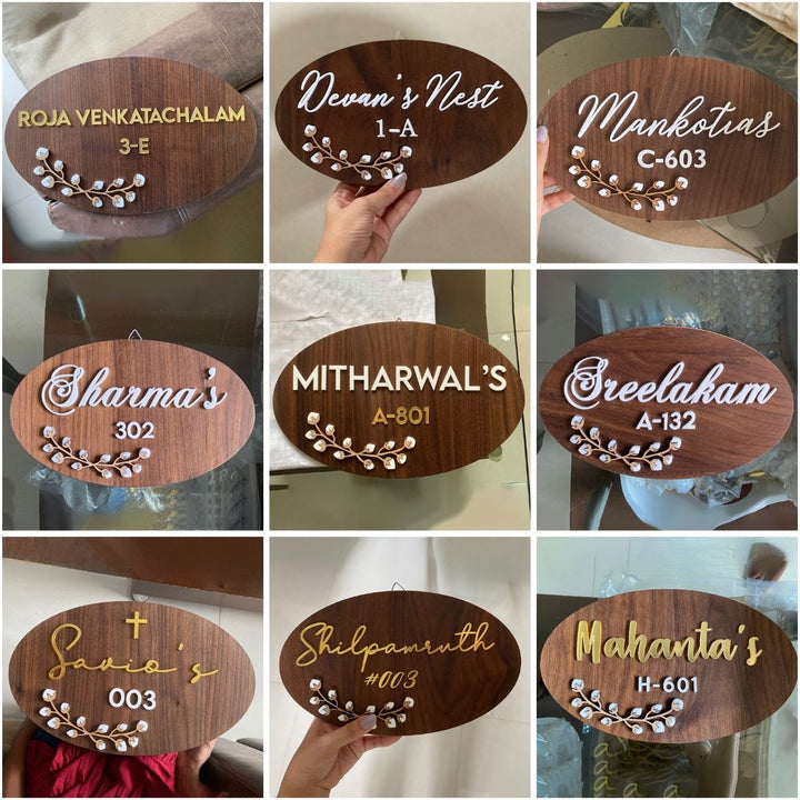 Bengali Personalised Wooden Oval Floral Name Plate