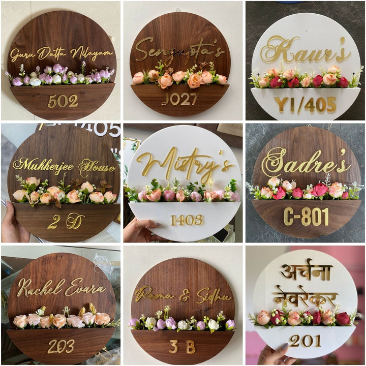 Kannada Personalised Wooden Flower Basket Nameplate