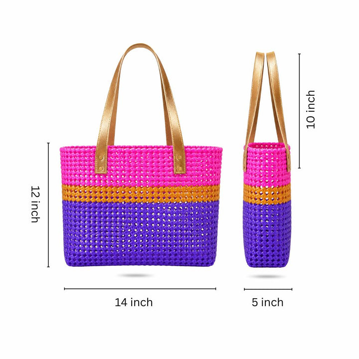 "Utsav" Pink And Purple Stripes Handmade Wire Koodai Tote Bag With Royal Elephant Zardosi Charm