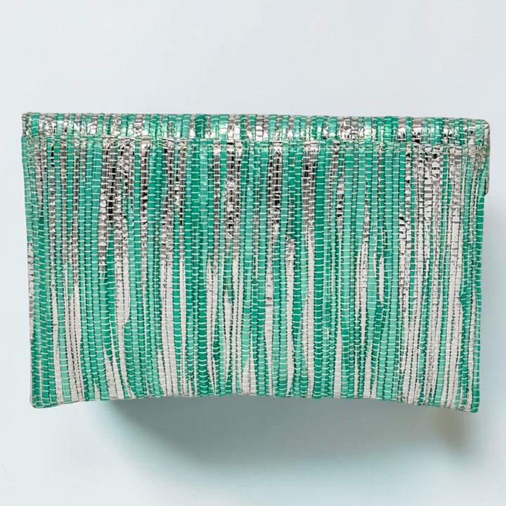 Sea Blue and Silver Striped Upcycled Plastic Handcrafted Envelope Clutch Sling