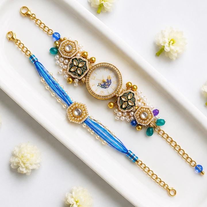 Handcrafted Meenakari Bhai Rakhi with Watch-Style Bhabhi Bracelet | Set of 2
