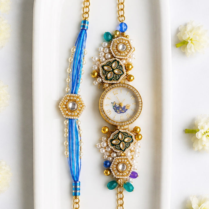 Handcrafted Meenakari Bhai Rakhi with Watch-Style Bhabhi Bracelet | Set of 2
