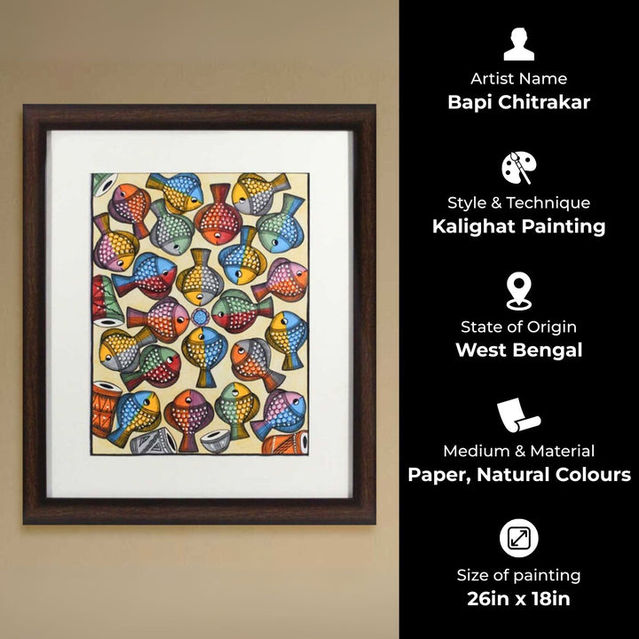 26 x18 Inch | School Of Colorful Fish | Original Hand Painted Kalighat Painting | Natural Colors On Paper