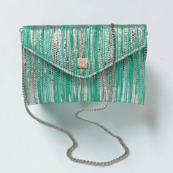 Sea Blue and Silver Striped Upcycled Plastic Handcrafted Envelope Clutch Sling