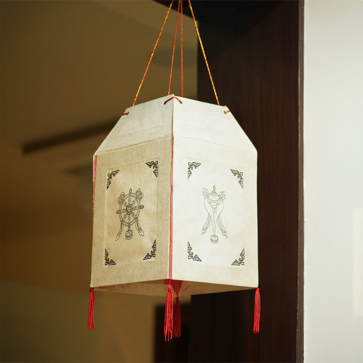 Handpainted Tibetan Motif Foldable Handmade Paper Hanging Lampshade With Tassels For Home Decor