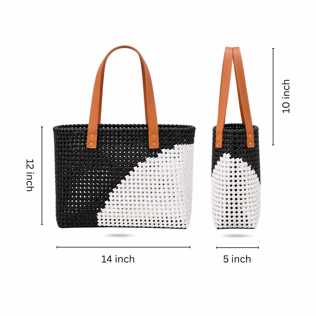 "Classic Vintage" Black & White Handmade Wire Koodai Tote Bag With Tan Leather Handle