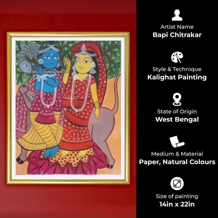 14 x 22 Inch | Radha Krishna Love | Original Hand Painted Kalighat Painting | Natural Colors On Paper