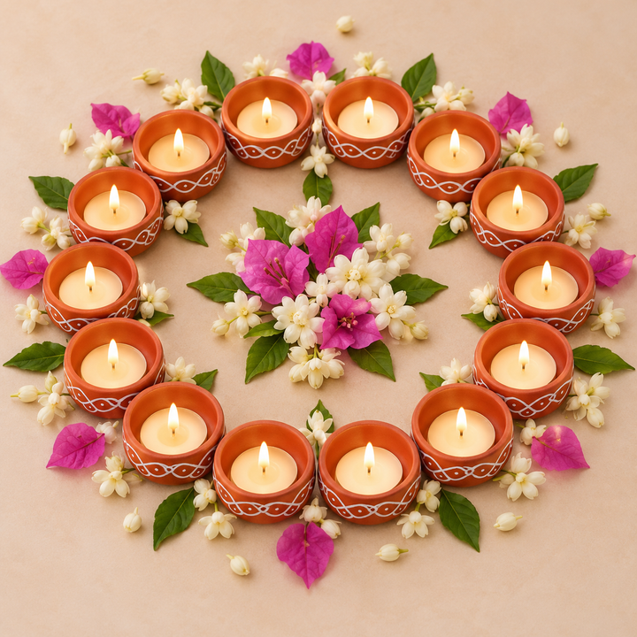 16 Pc | Hand-Painted Kolam Loop Terracotta Diya & Tealight Holders For Festive Decor