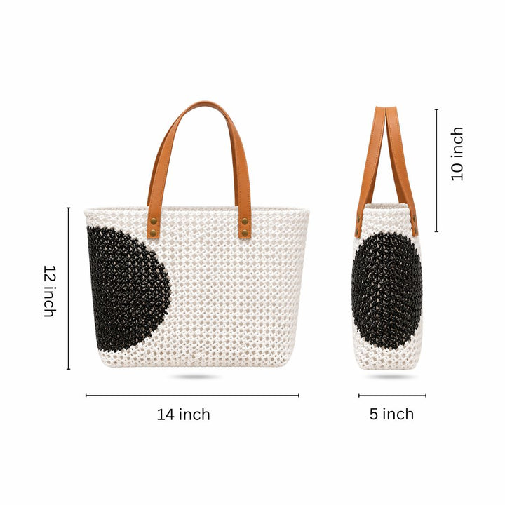 "Retro Polka" White With Black Semicircle Motif Handmade Wire Koodai Tote Bag With Tan Leather Handle