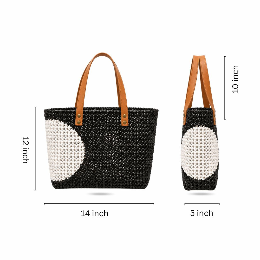 "Retro Polka" Black With White Semicircle Motif Handmade Wire Koodai Tote Bag With Tan Leather Handle
