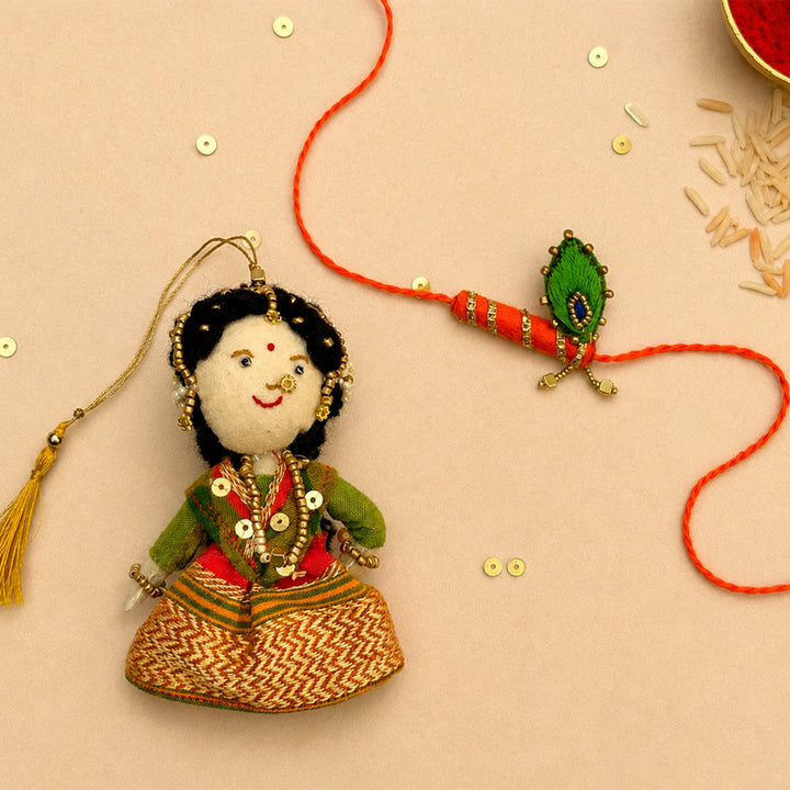 Hand Embroidered Radha Bansuri Rakhi Lumba Set For Bhaiya Bhabhi