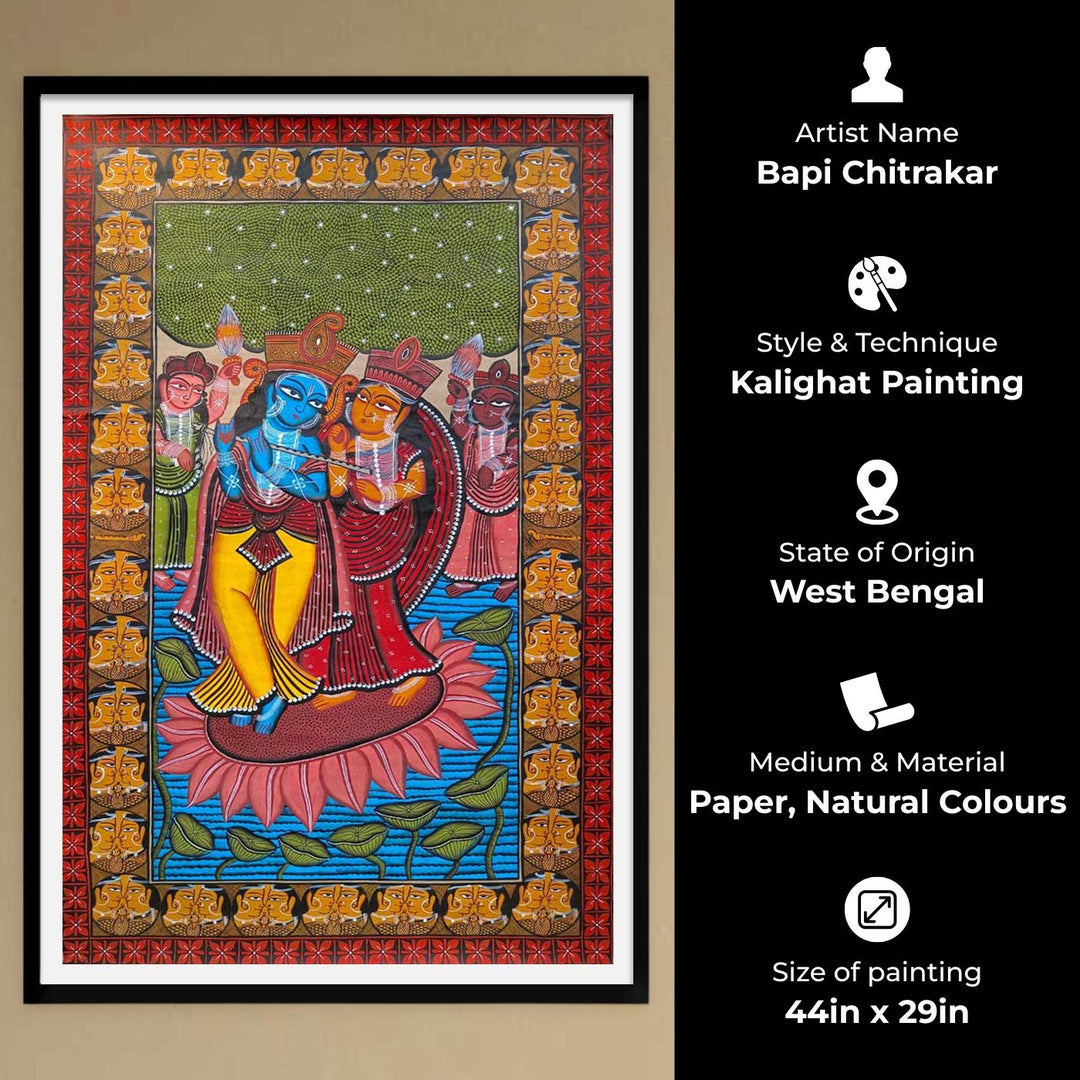 44 x 29 Inch | Radha Krishna | Original Hand Painted Kalighat Painting | Natural Colors On Paper