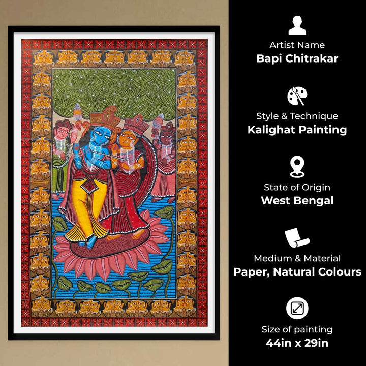 44 x 29 Inch | Radha Krishna | Original Hand Painted Kalighat Painting | Natural Colors On Paper