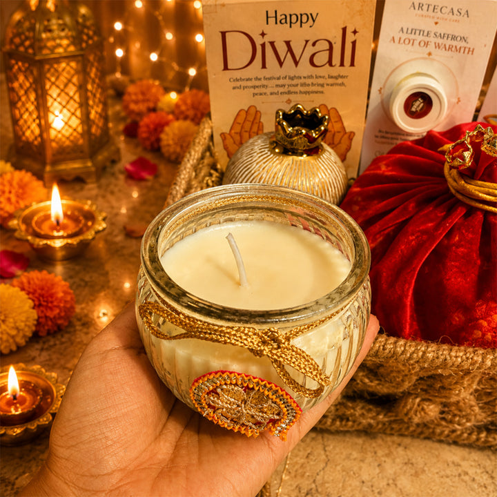 Utsav Jute Net Basket Diwali Gift Hamper With Red Toran Potli And Matka Soy Wax Candle For Festive Gifting