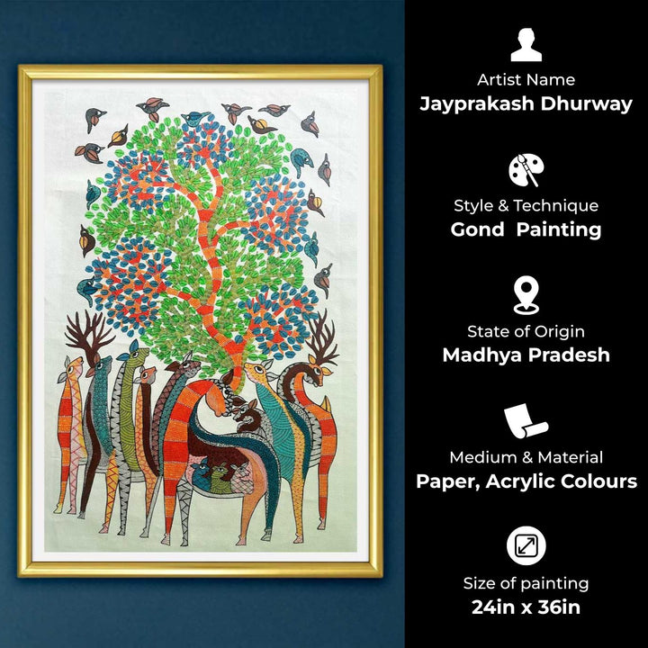 24 x 36 Inch | Giraffes & Tree | Original Hand Painted Tribal Gond Art Painting | Acrylic Paints On Paper