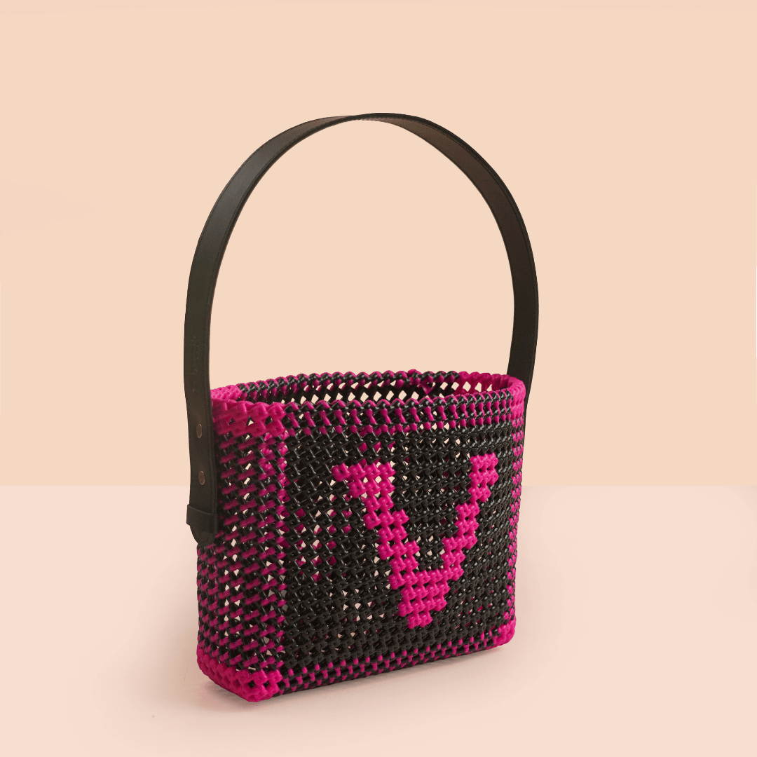 Black & Pink Personalized Monogram Handmade Wire Koodai Handbag