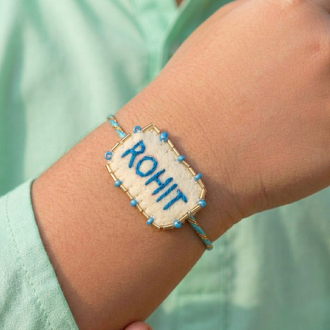 Personalized Handmade Blue Rectangle Felt Rakhi With Roli Chawal