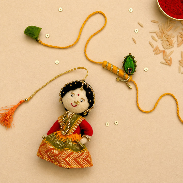 Hand Embroidered Radha Bansuri Rakhi Lumba Set For Bhaiya Bhabhi