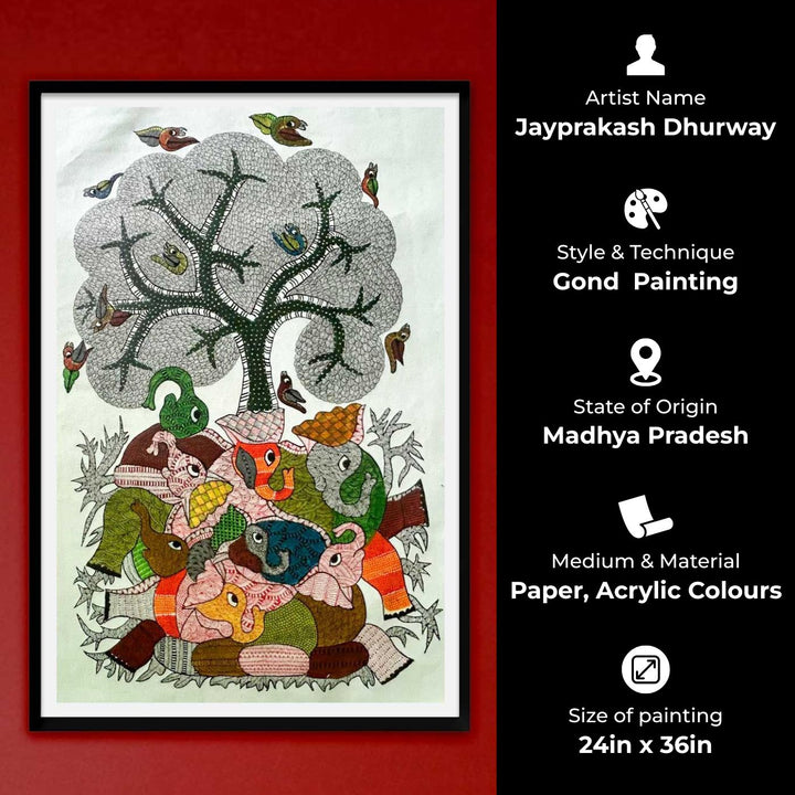 24 x 36 Inch | Tree Of Harmony | Original Hand Painted Tribal Gond Art Painting | Acrylic Paints On Paper
