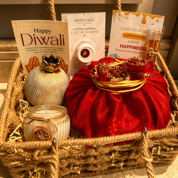 Utsav Jute Net Basket Diwali Gift Hamper With Red Toran Potli And Matka Soy Wax Candle For Festive Gifting