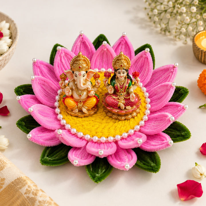 Handcrafted Pink & Yellow Lotus Pipe Cleaner Pooja Asan With LED Light