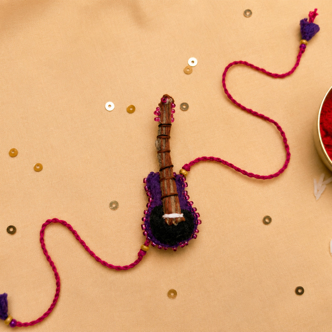 Hand Embroidered Guitar Rakhi With Keychain For Brother