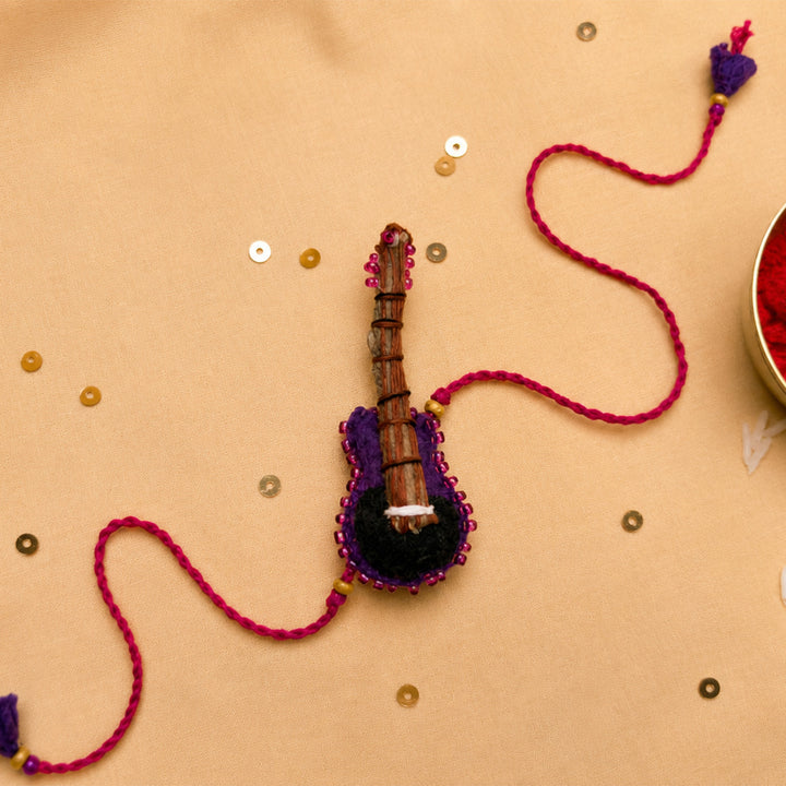 Hand Embroidered Guitar Rakhi With Keychain For Brother