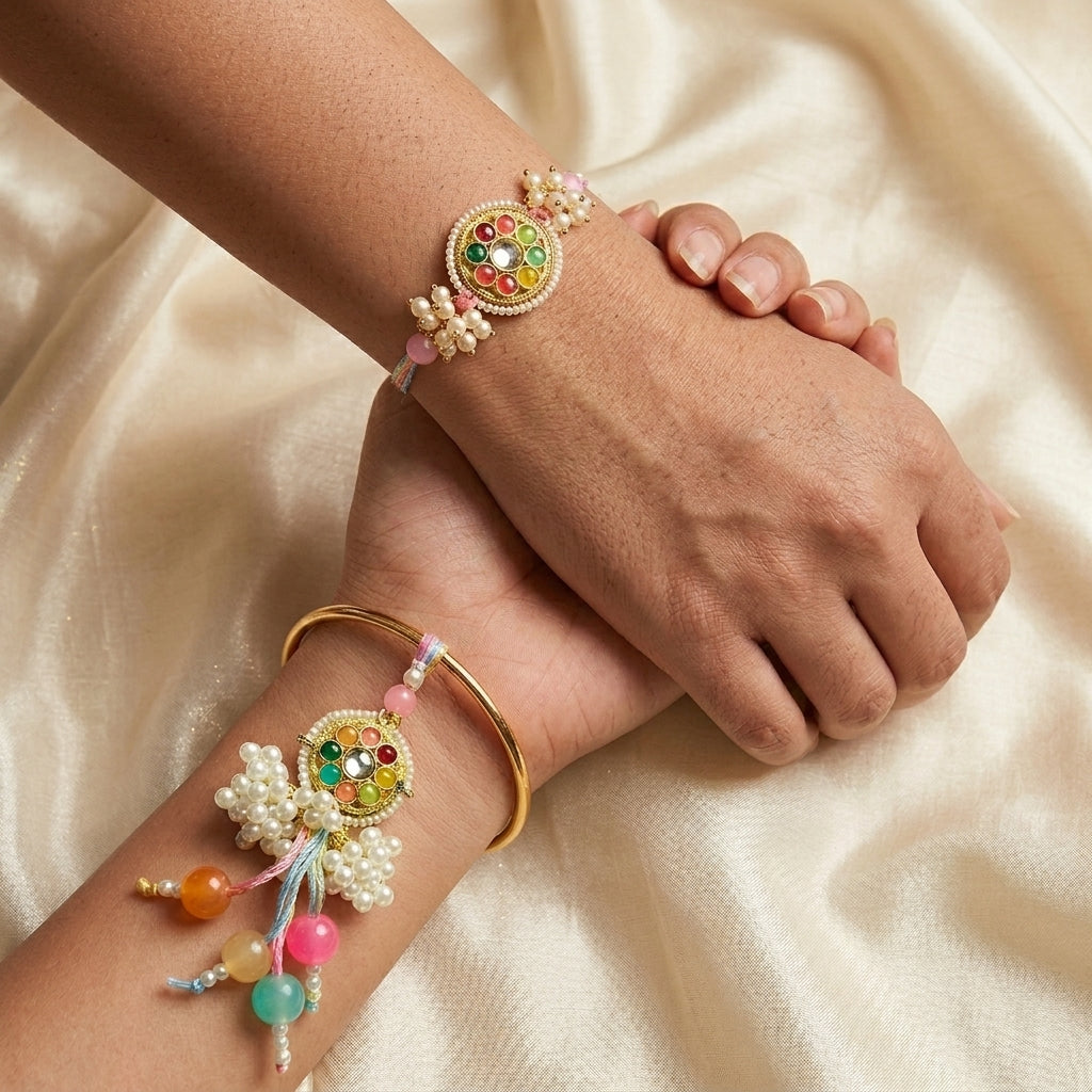 Handcrafted Kundan "Navratan" Couple Rakhi & Lumba Set With Roli Chawal for Bhaiya Bhabhi