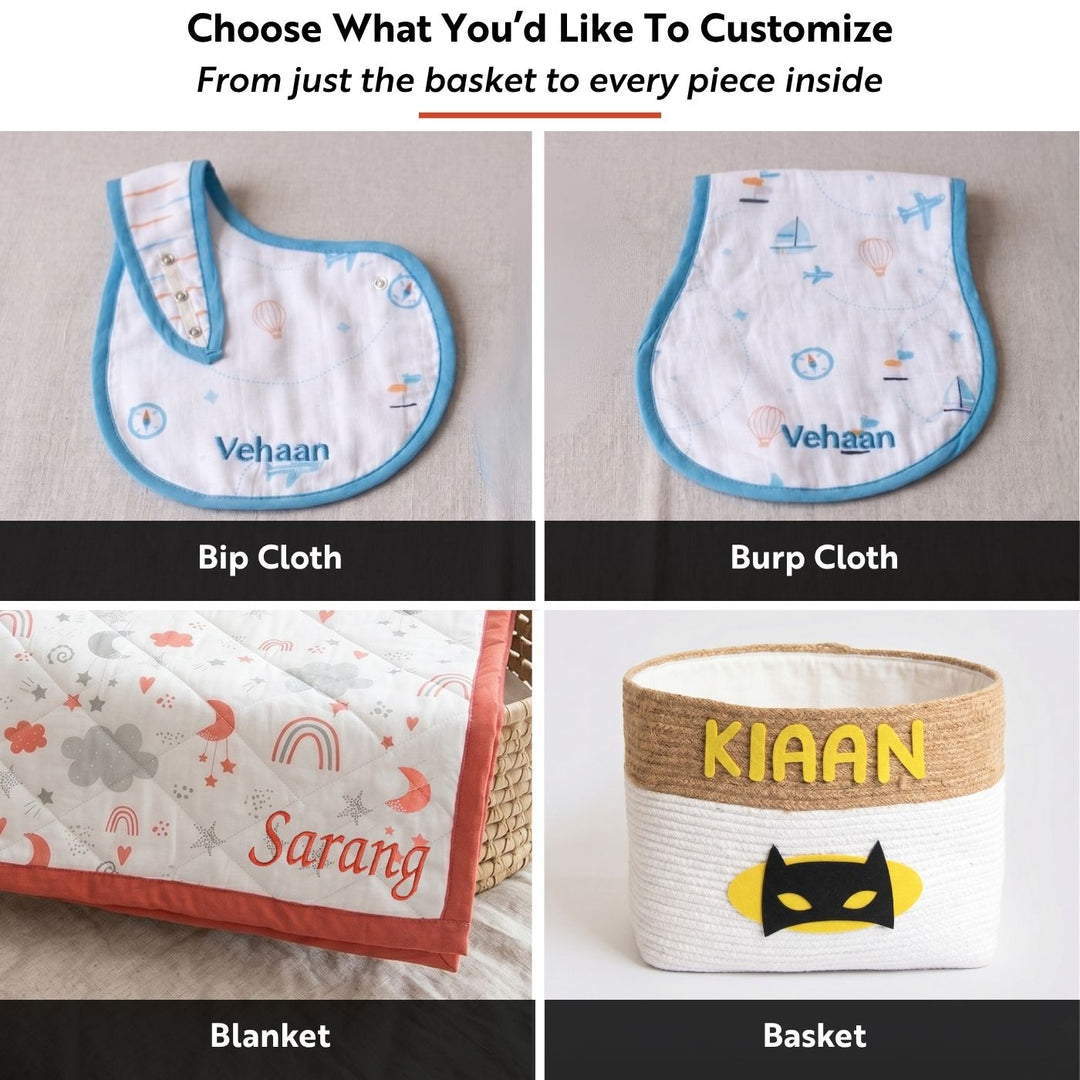 6 Pc | Personalized Doodle Circles Baby Gift Basket | 0-4 Years