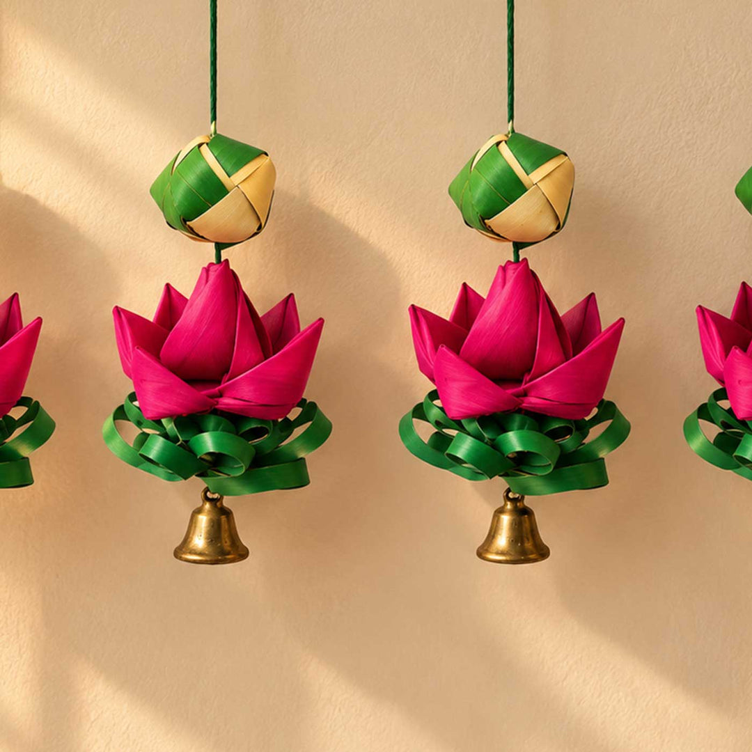 4 Pc | Handcrafted Palm Leaf Lotus Hanging With Flower Base & Bells