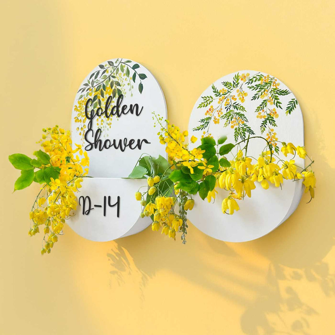 Personalized Handmade Golden Floral Mdf Wood Name Plate - Front View with Floral Arrangement