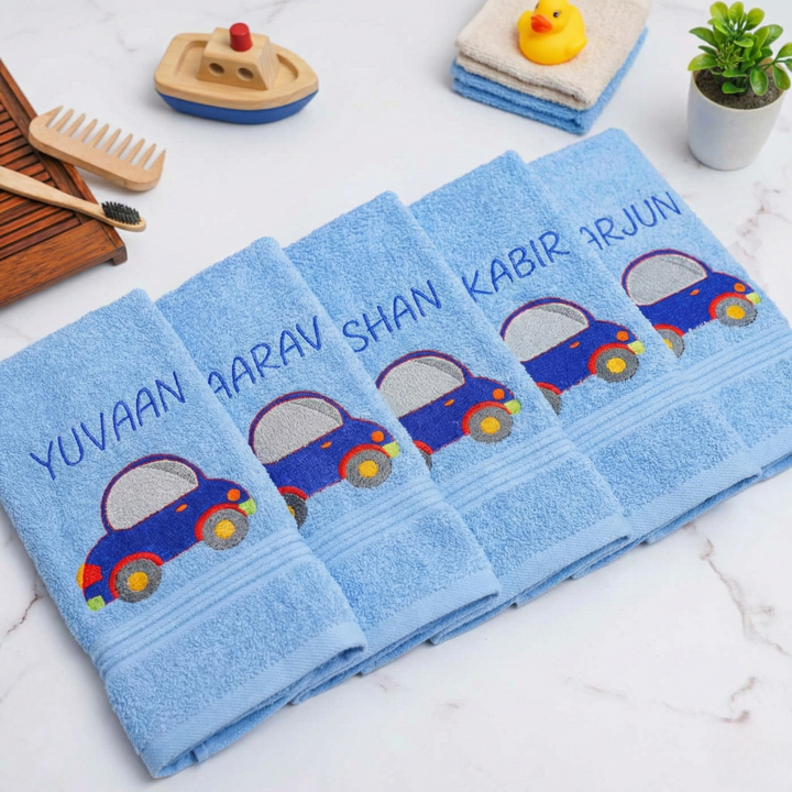 Personalized Embroidered Car Design Cotton Hand Towel For Kids