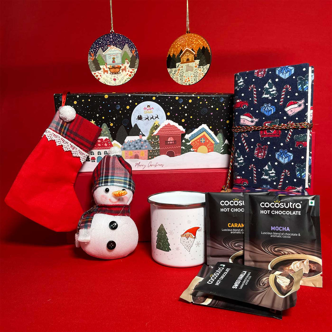 Handmade Winter Wonderland Christmas Hamper | Includes Diary, Mug, Hot Chocolate, Snowman, Hanging Sock, Hangings And Box