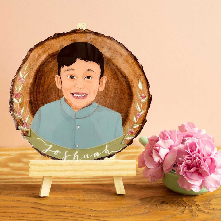 Photo Caricature Wooden Bark Name Plate with Stand