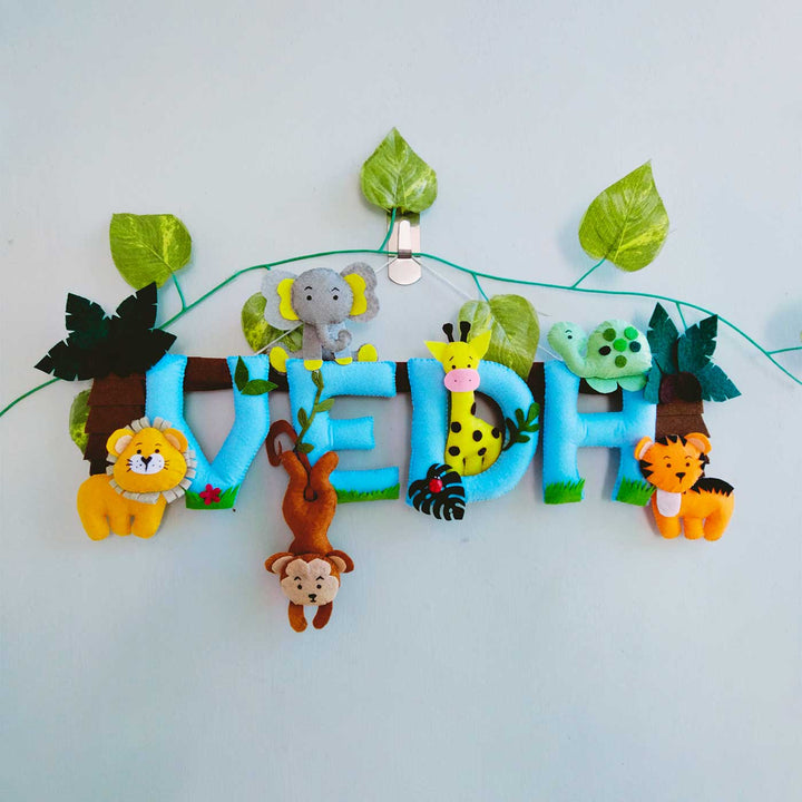 Personalized Blue Jungle Theme Felt Kids Name Plate