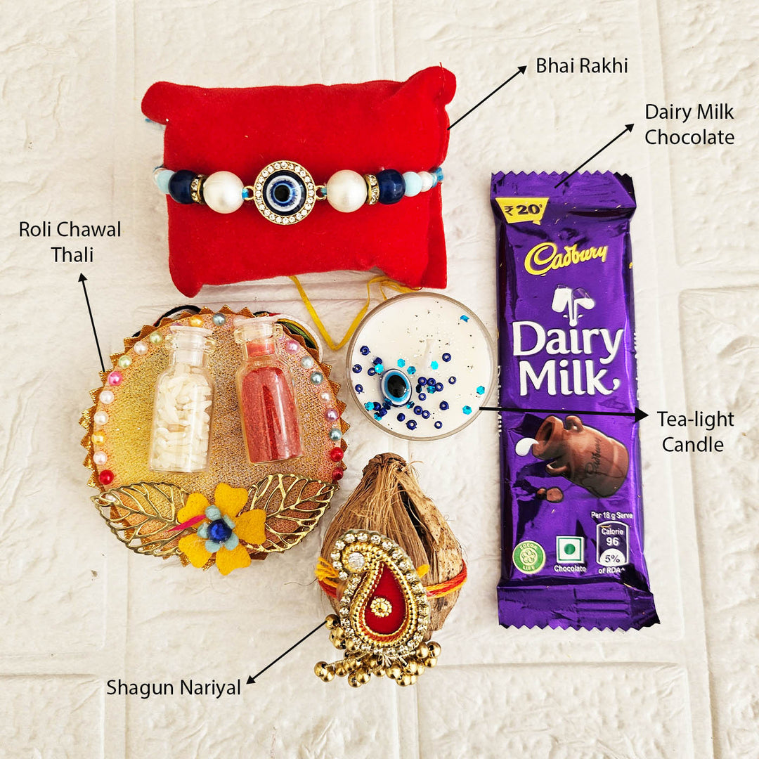 Handmade Beaded Evil Eye Rakhi Gift Hamper With Roli Chawal For Brother