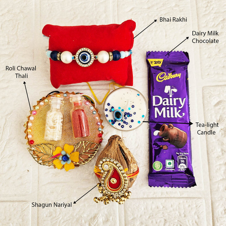 Handmade Beaded Evil Eye Rakhi Gift Hamper With Roli Chawal For Brother