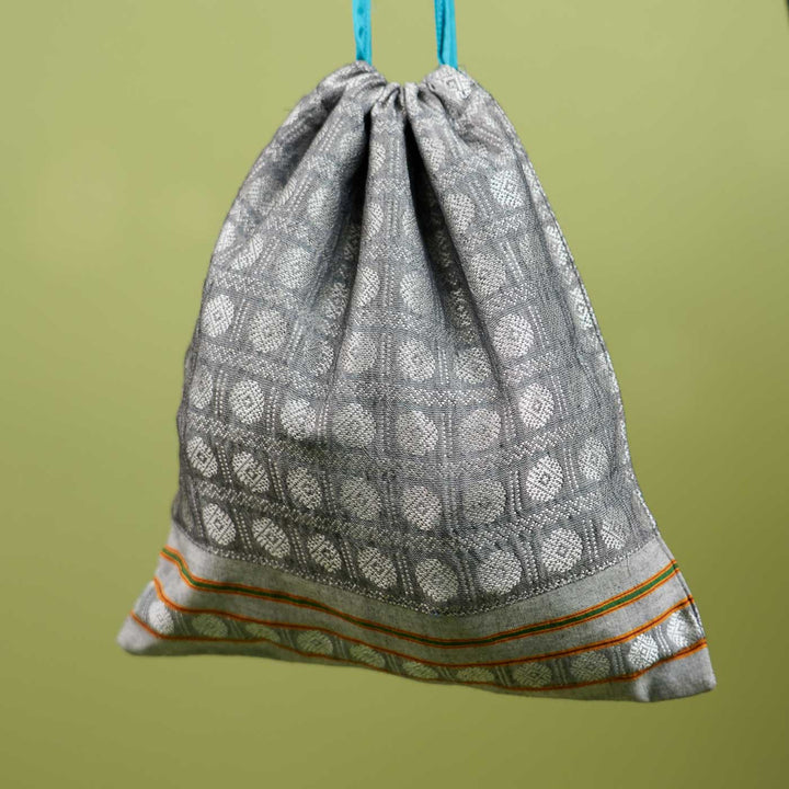 Handmade Grey Khunn Fabric Cotton Thamboolam Potli