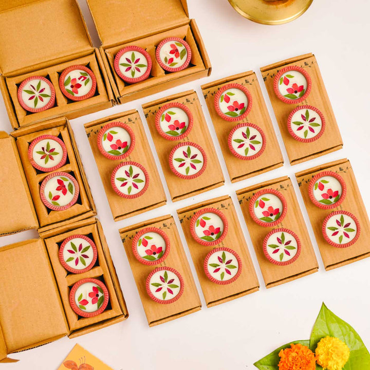 24 Diyas | Handmade Soy Wax & Dry Flower Festive Diyas | 12 Boxes, 2 Diyas per Box