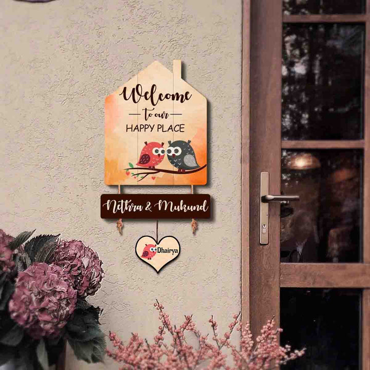 Printed Wooden House Shaped Owl Nameplate For Family