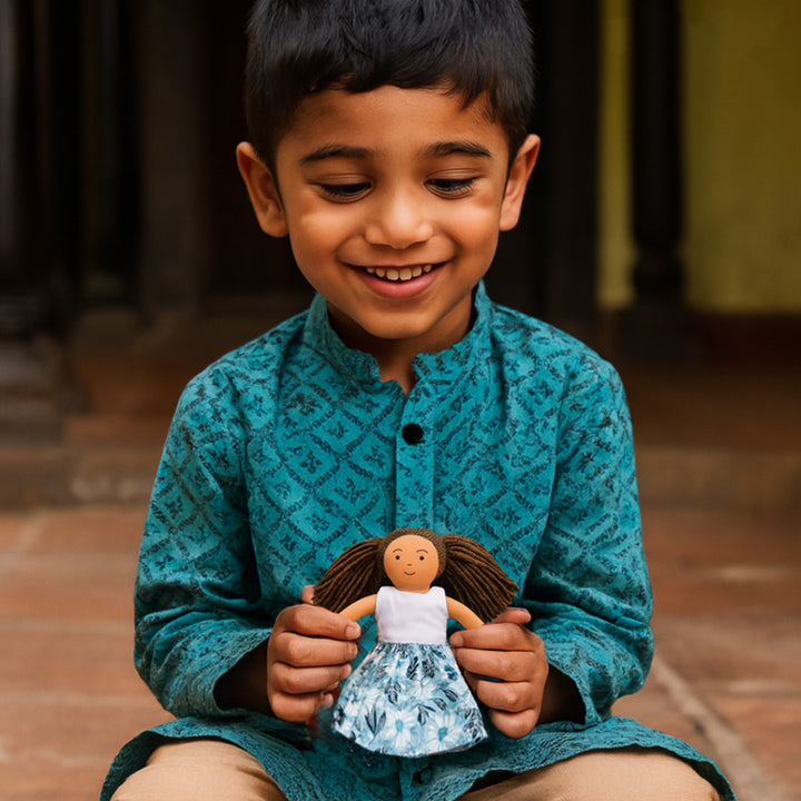 Nilah's (Younger Sister) Mira In White & Blue Dress | Soft Hand-Stitched Sustainable Indian Play Doll