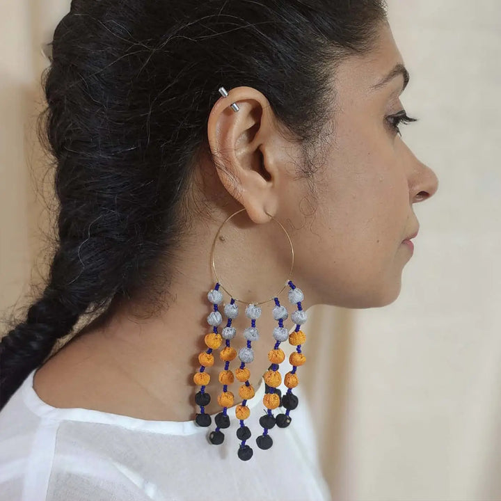 Handmade Textile Art Hoop Hanging Round Tassels Dupion Silk Fabric Earrings
