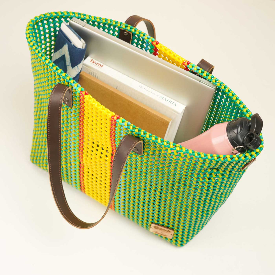 Green And Yellow Line Mukhya Knot Handmade Koodai Beach Bag